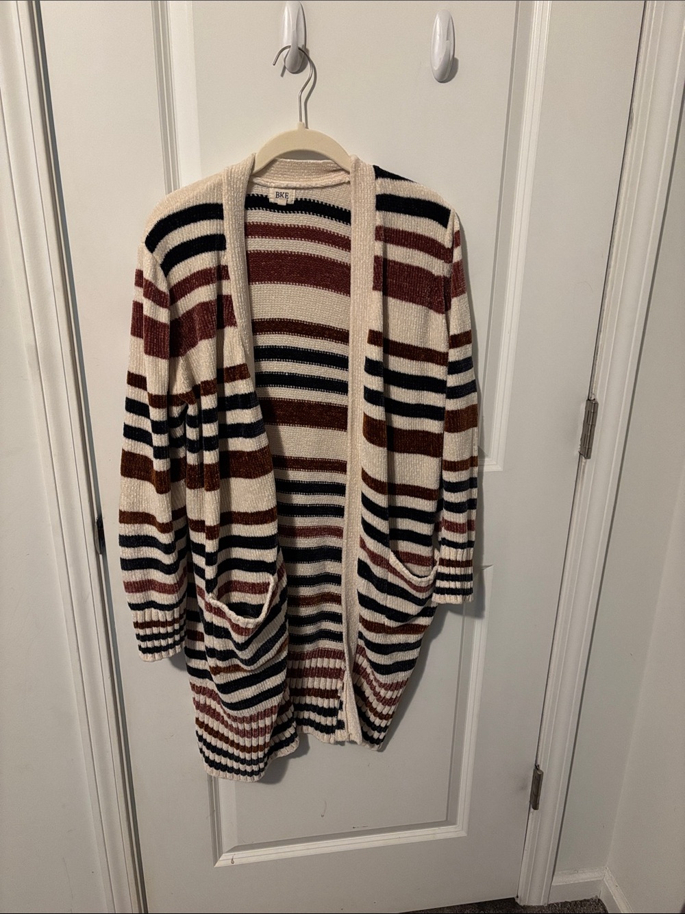 BKE Cream Cardigan with Burgundy, Navy & Brown Stripes